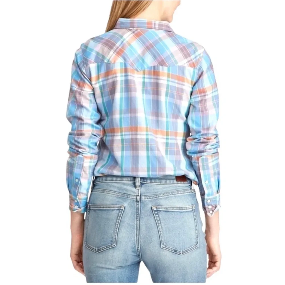 Ralph Lauren Plaid Western Pearl Snap Top Button Down Cotton Blouse Blue Small - Picture 3 of 13